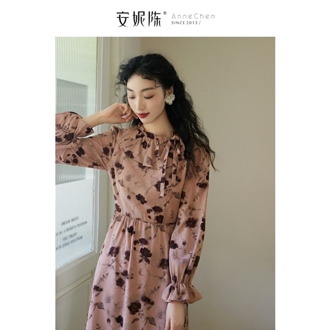 安妮陈【蔷苒玫瑰】粉色荷叶领碎花洋装女連身裙連衣裙温柔气质 - 洋装/连衣裙 - 其他材质 粉红色
