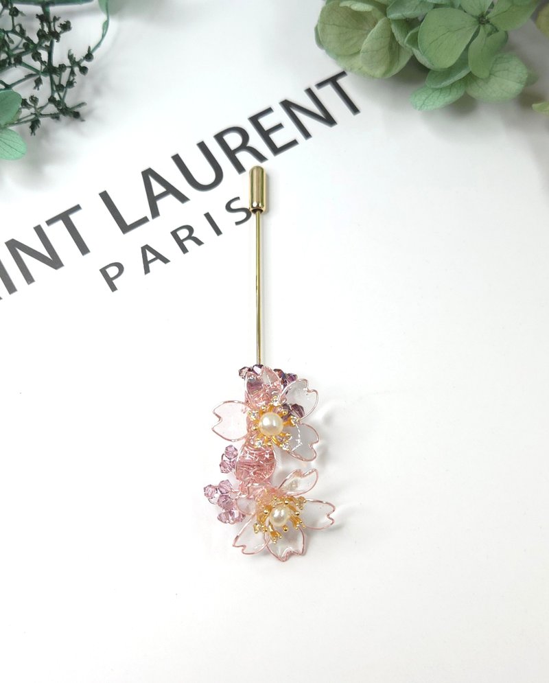 双樱花造花液树脂一字体胸针 透明系列 - 胸针 - 树脂 粉红色