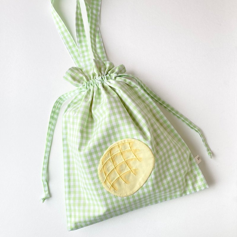 网纹面包与格子布纹束口袋 - 手提包/手提袋 - 棉．麻 绿色