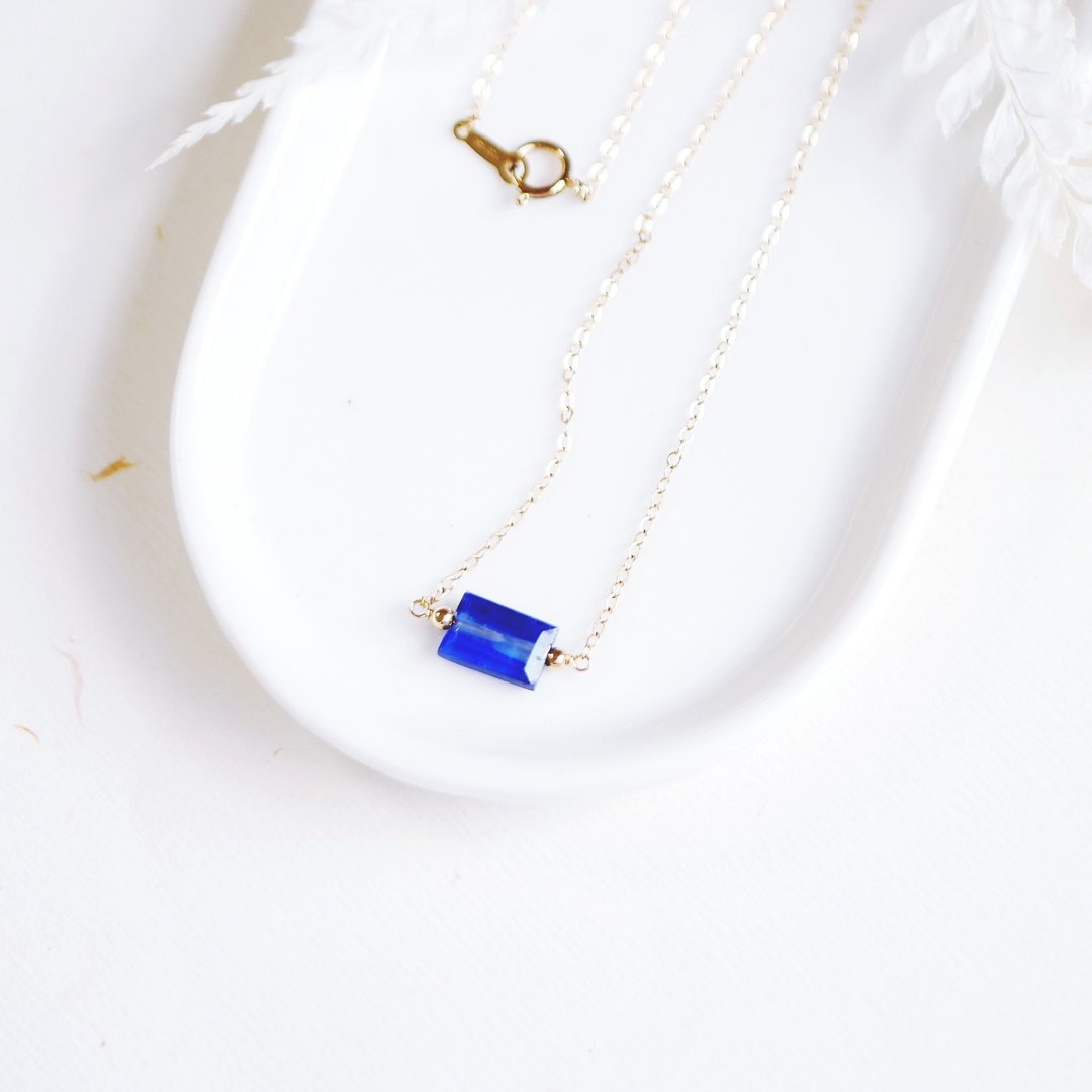戒面长形切割蓝晶石 项链水晶 14K 注金 - 项链 - 水晶 蓝色