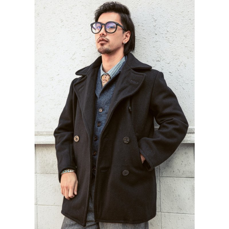 海军双排扣羊毛外套740 黑色 中长款 宽松 大衣 元年版本pea coat - 男装外套 - 羊毛 蓝色