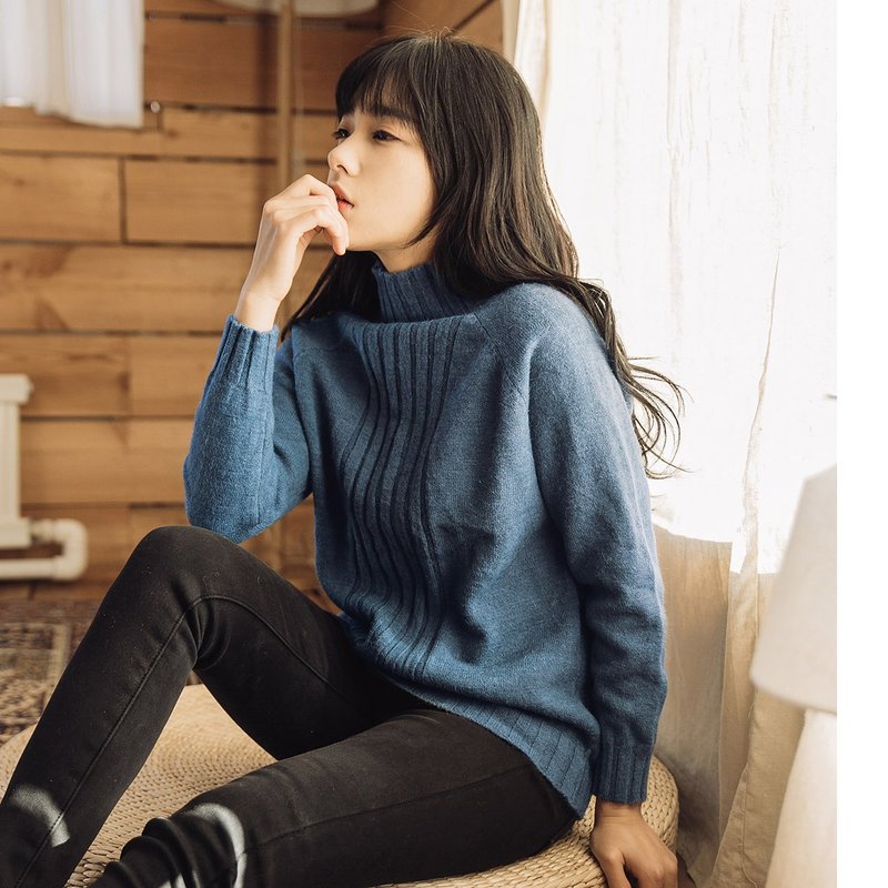 安妮陈插肩袖中领针织衫毛衣 - 女装针织衫/毛衣 - 棉．麻 蓝色