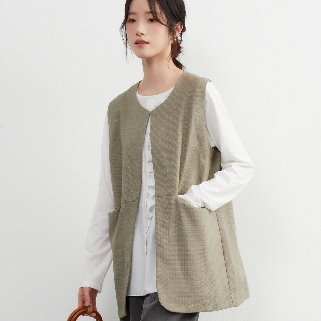 无领背心・俐落显瘦长版背心・附口袋休闲上班风 - 女装背心 - 聚酯纤维 