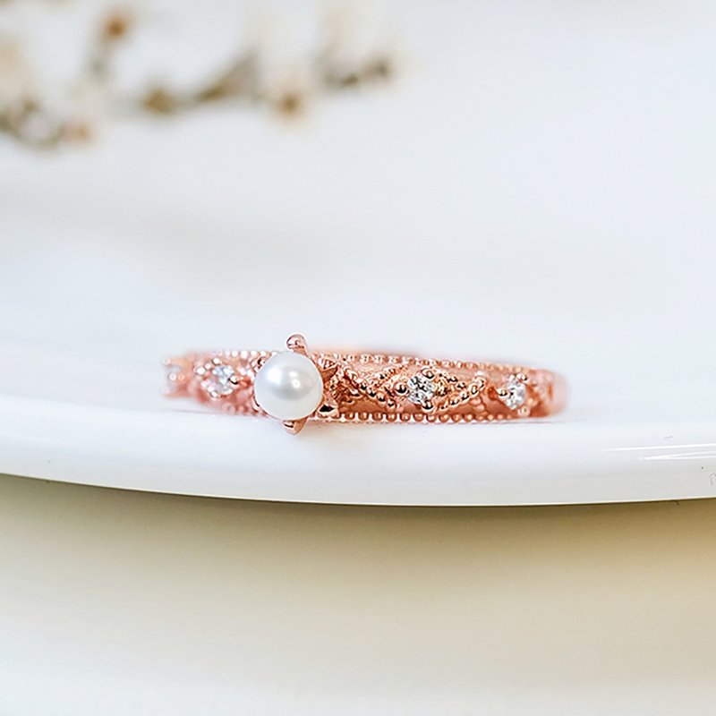 珍珠 pearl 925纯银 玫瑰金 戒指 六爪气质立体雕花 - 戒指 - 纯银 银色