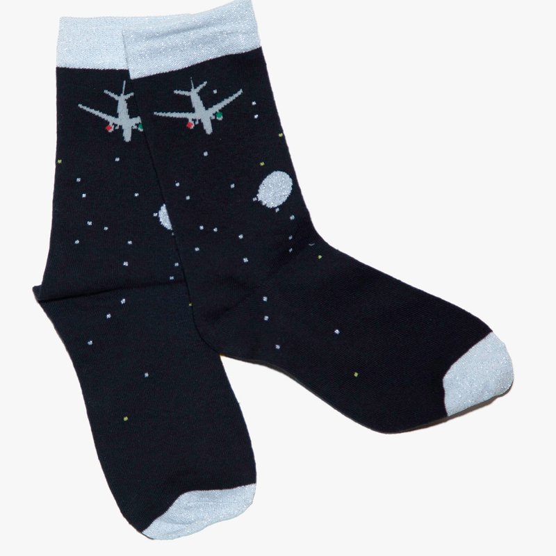 Lame lame socks socks with airplane pattern in the night sky as a gift Ladies / Men's - 袜子 - 棉．麻 绿色