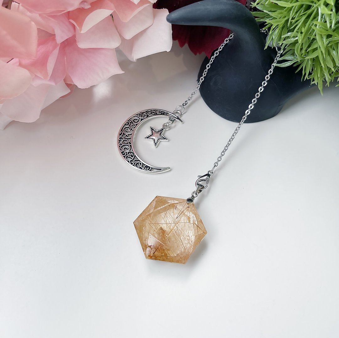 灵摆第一专业品牌 天然 钛晶 红铜发晶 六芒星 灵摆 项链 吊坠 - 项链 - 水晶 金色