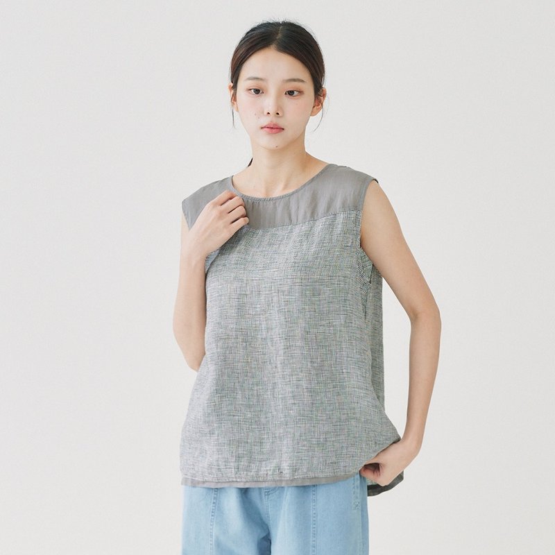 【Simply Yours】清爽千鸟格背心 灰咖F - 女装背心 - 棉．麻 卡其色