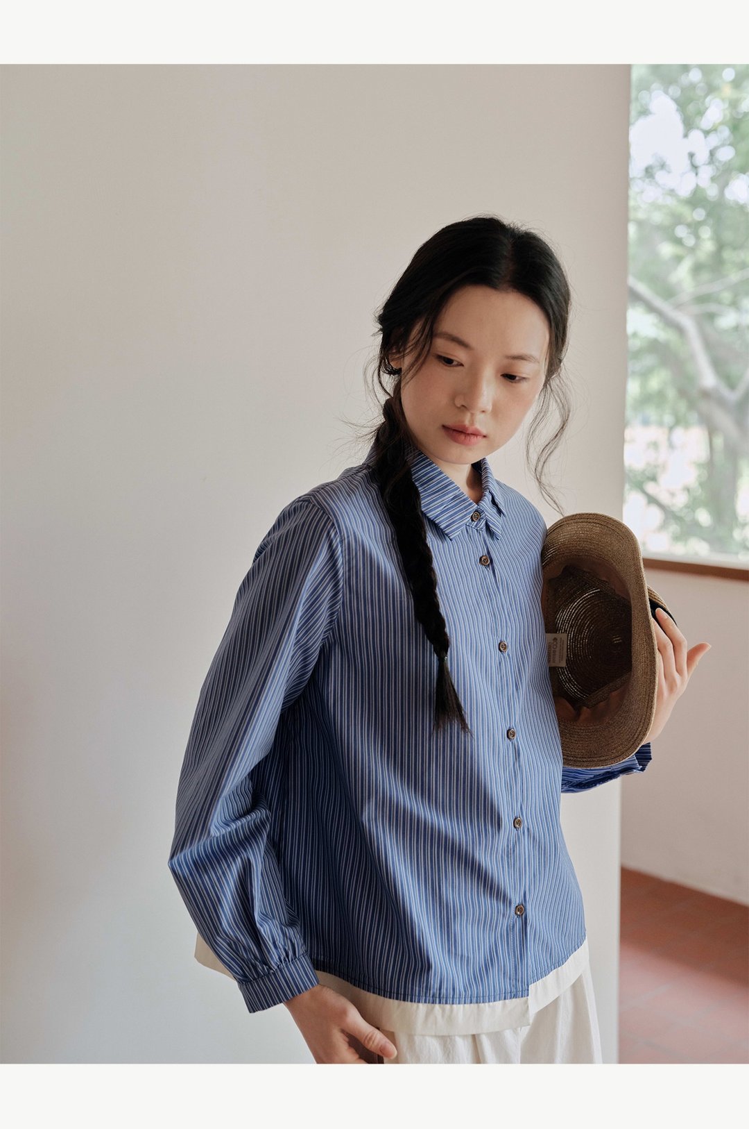 纯棉蓝色条纹衬衫上衣 - 女装衬衫 - 棉．麻 多色