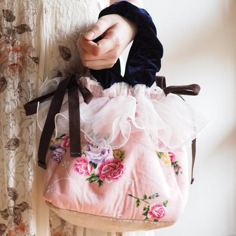 Taiwan flower lover pattern x fluffy lace 3way drawstring bag (one piece work / free shipping) - 手提包/手提袋 - 棉．麻 粉红色