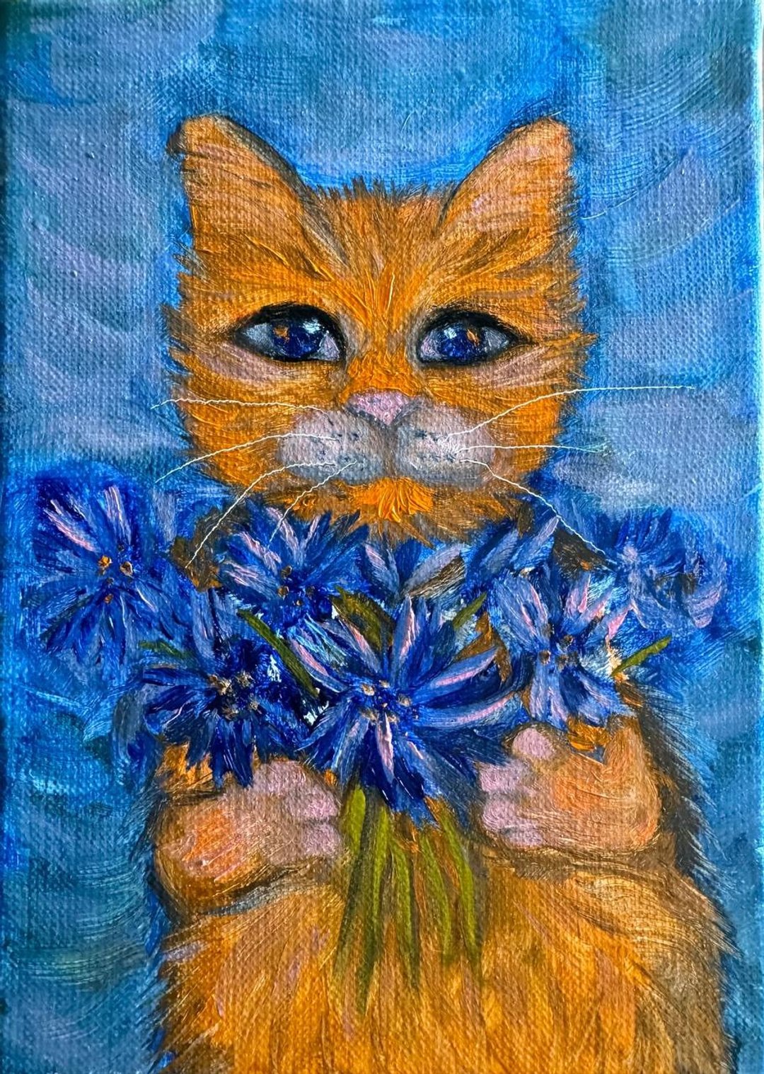 油画《矢车菊中的猫》。麻帆布 - 插画/绘画/写字 - 亚麻 
