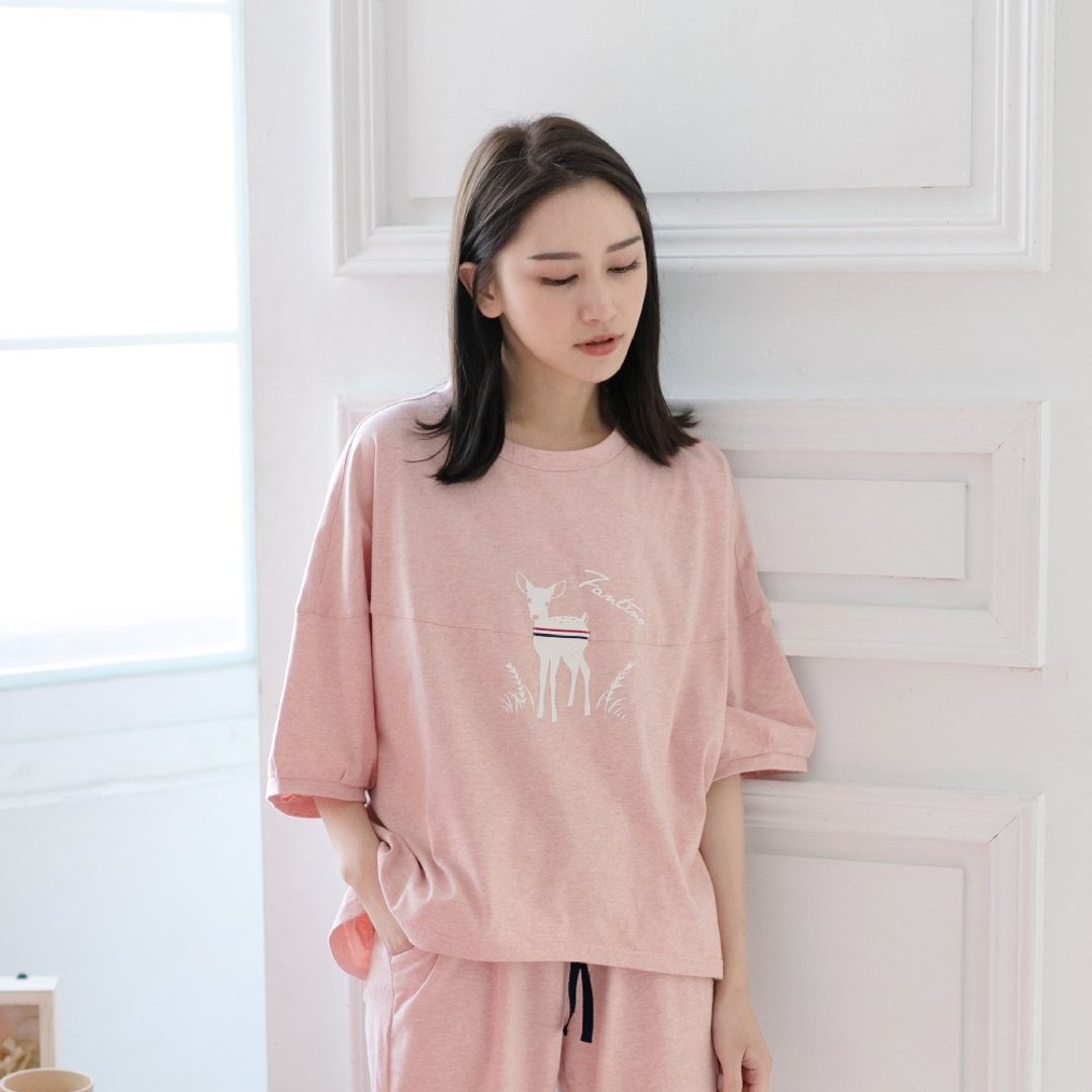 MIT有机棉飞鼠五分袖居家服-麻花粉 - 居家服/睡衣 - 棉 粉红色