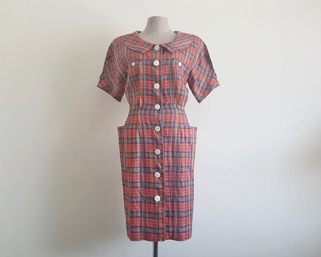 Vintage Plaid Linen Dress - 洋装/连衣裙 - 棉．麻 橘色