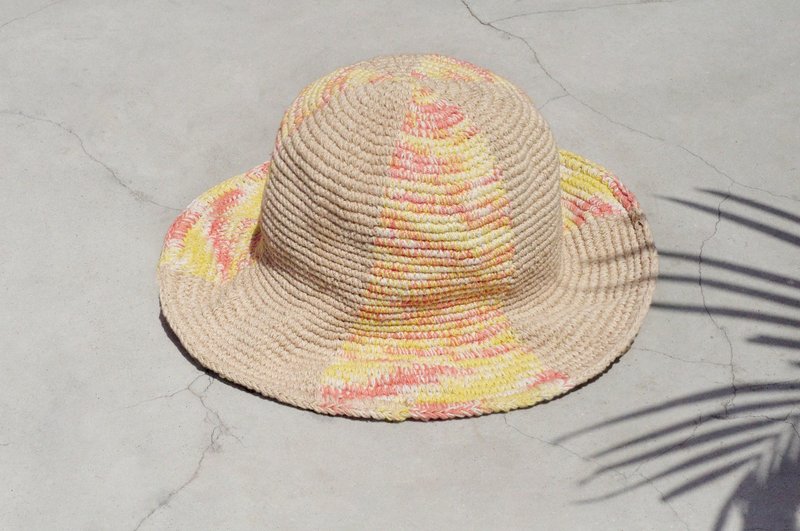 情人节礼物 限量一件 编织棉麻帽/编织帽/渔夫帽/遮阳帽/草帽 - 水彩感彩霞夕阳 缤纷色块 手织帽 - 帽子 - 棉．麻 多色
