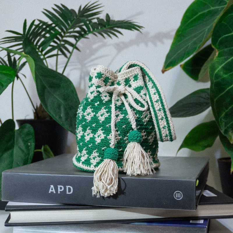 编织手提水桶瓦尤包 | 绿、米白 - 束口袋双肩包 - 棉．麻 绿色