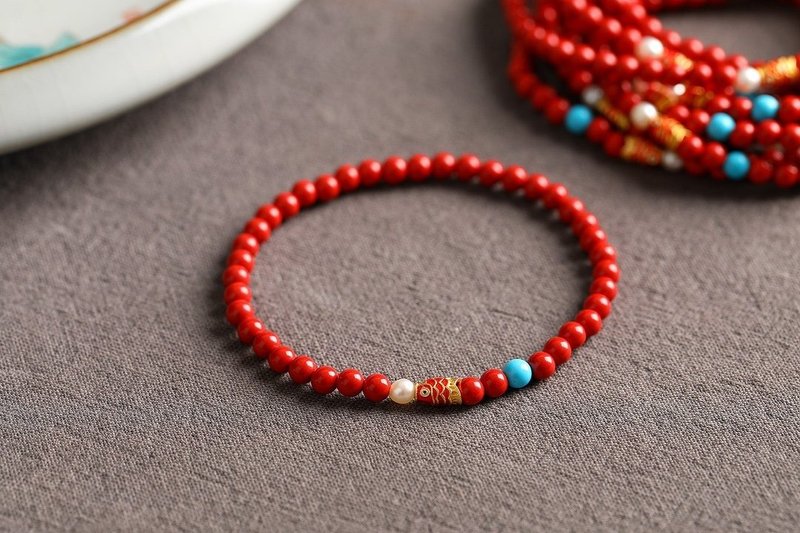 天然原矿朱砂精品红砂好运锦鲤单圈手链规格4mm 朱砂含量高达95% - 手链/手环 - 宝石 