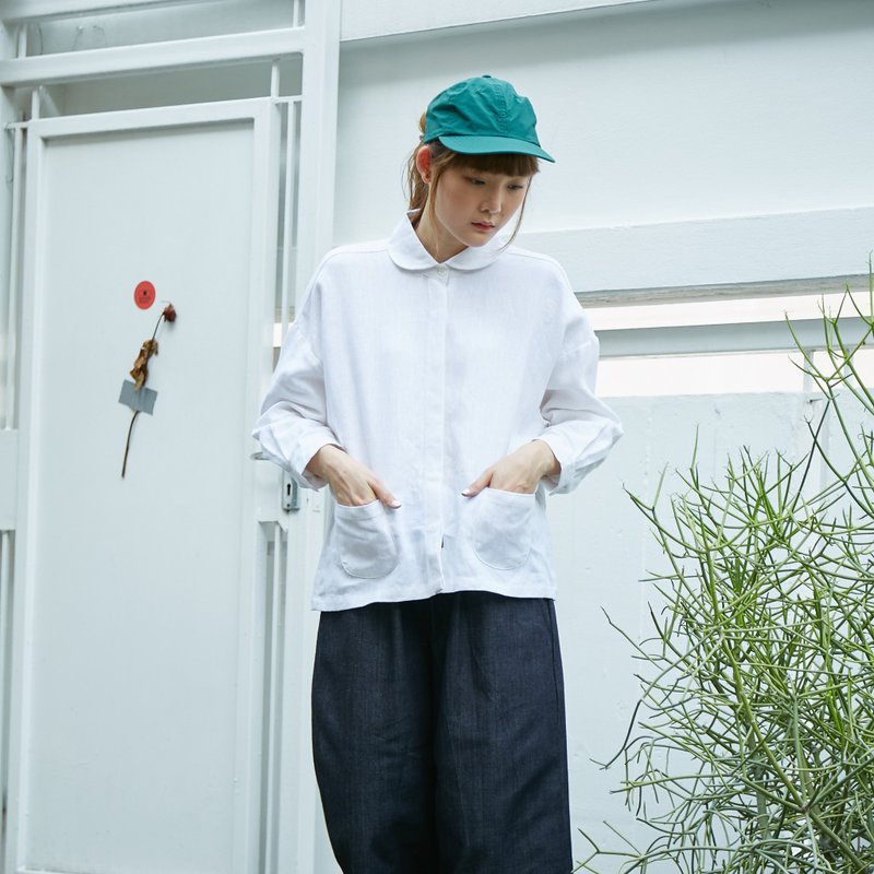 Linen Long Sleeve Peter Pan Collar Shirt - White Color - 女装衬衫 - 亚麻 白色