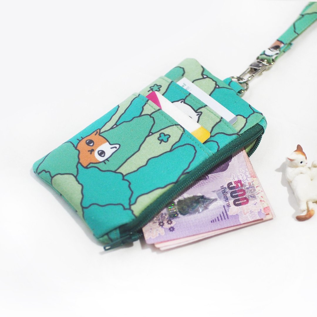 Cotton ID wallet with lanyard - Cats in the Forest 8x13 cm. - 零钱包 - 棉 绿色
