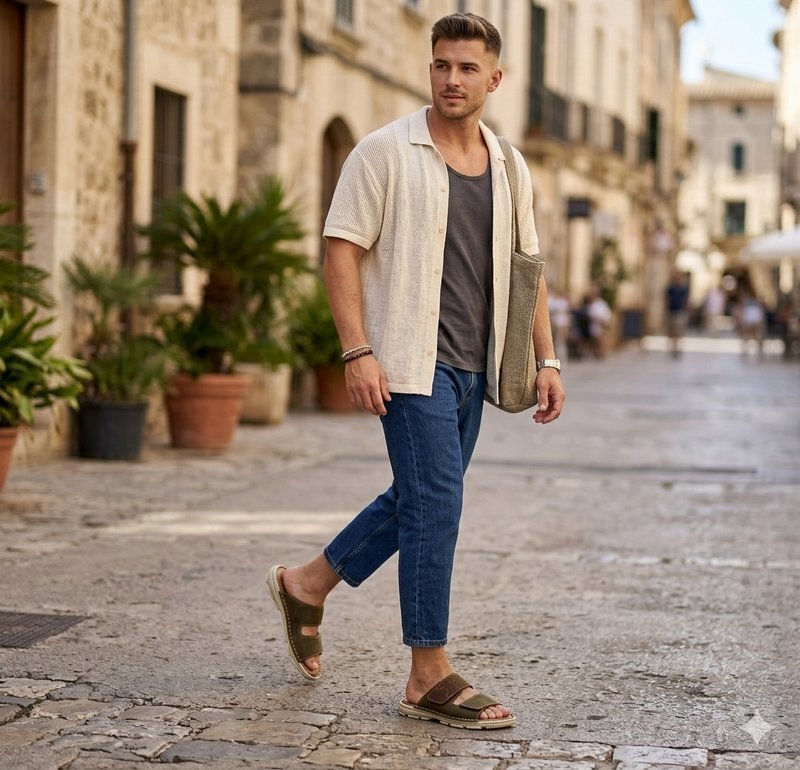 2368 轻量化 擦色大底 双色真皮魔鬼毡拖鞋 男手工缝线拖 - 男女凉鞋 - 真皮 咖啡色