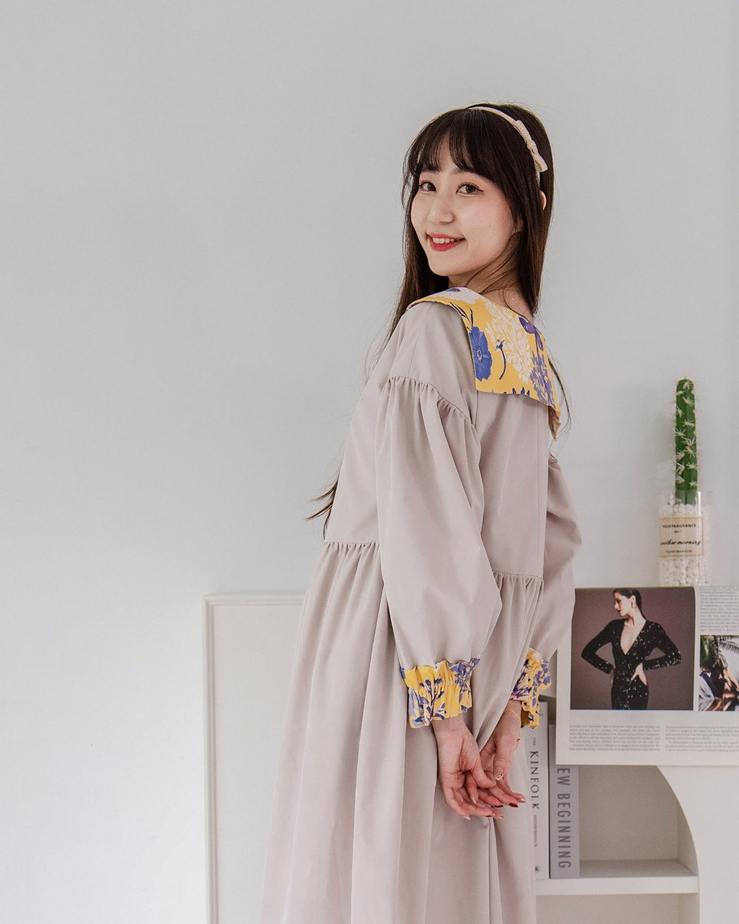 【南非开普敦】来杯奶茶 日杂水手服 花花领片 长洋装 皇后黄 - 洋装/连衣裙 - 棉．麻 卡其色