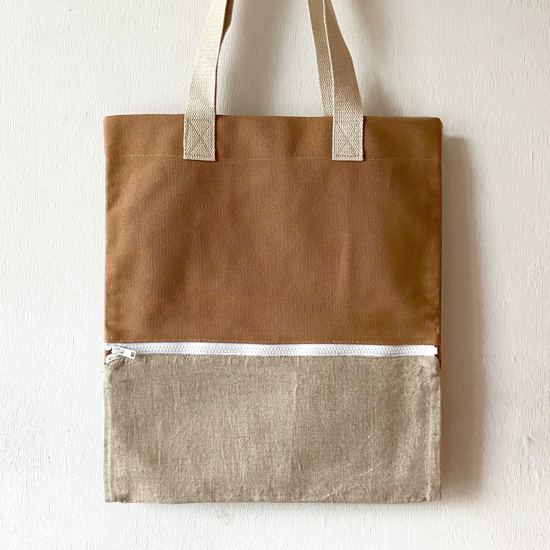 随时扩大容量, 可调教3个尺寸, 大地色系布袋, 全人手制Tote Bag - 侧背包/斜挎包 - 棉 卡其色