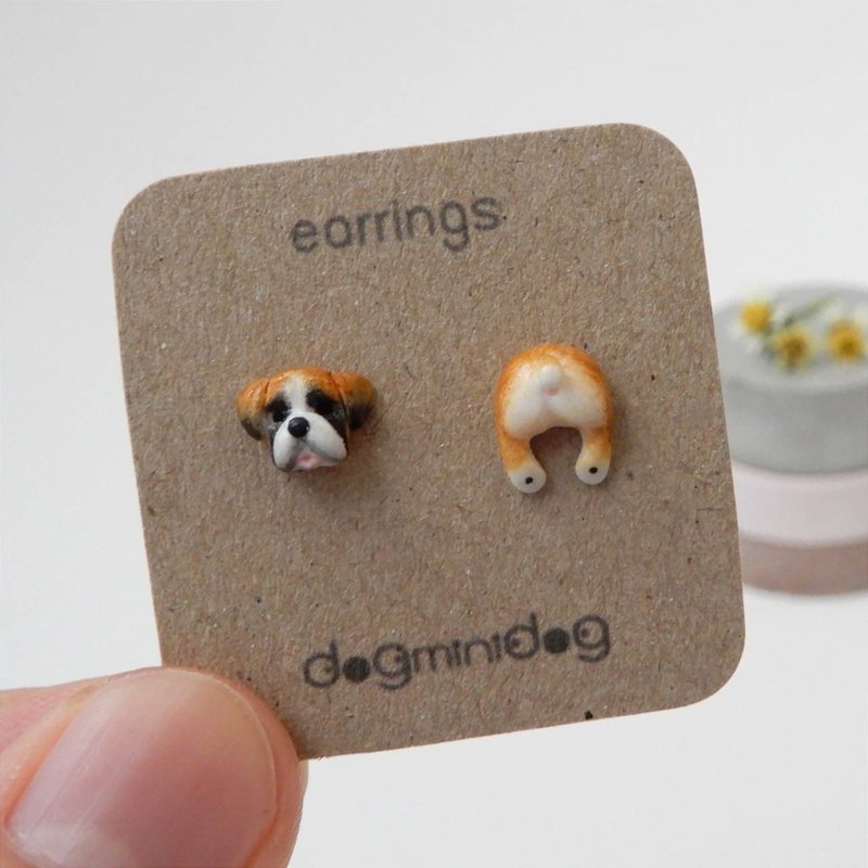 Boxer 狗狗造型耳环，附手工牛皮纸盒 - 耳环/耳夹 - 其他材质 