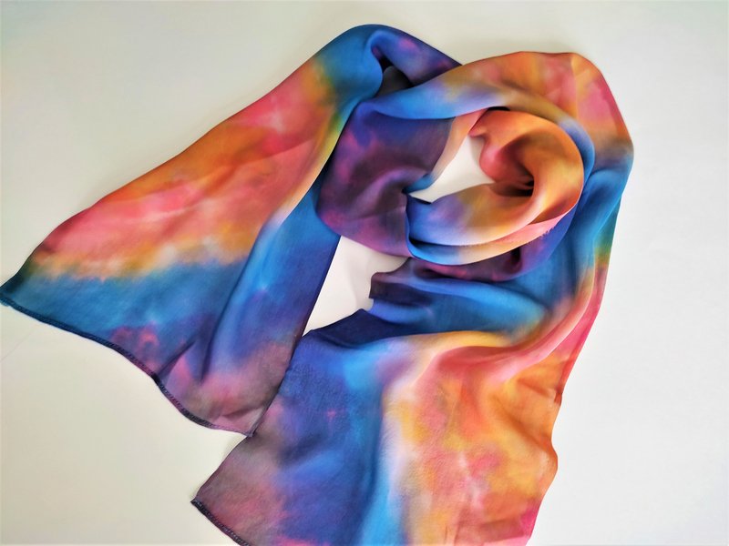 絲巾 Silk chiffon tie dye scarf Silk scarf blue orange Hand dyed neck scarf Gift - 丝巾 - 丝．绢 蓝色
