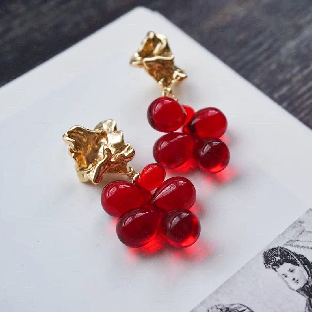 圣诞浆果新年中古风樱桃红手工琉璃耳环trifari风 - 耳环/耳夹 - 琉璃 