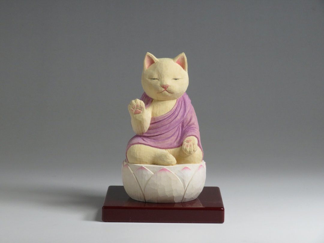 (大号)木雕猫佛2402 - 玩偶/公仔 - 木头 紫色