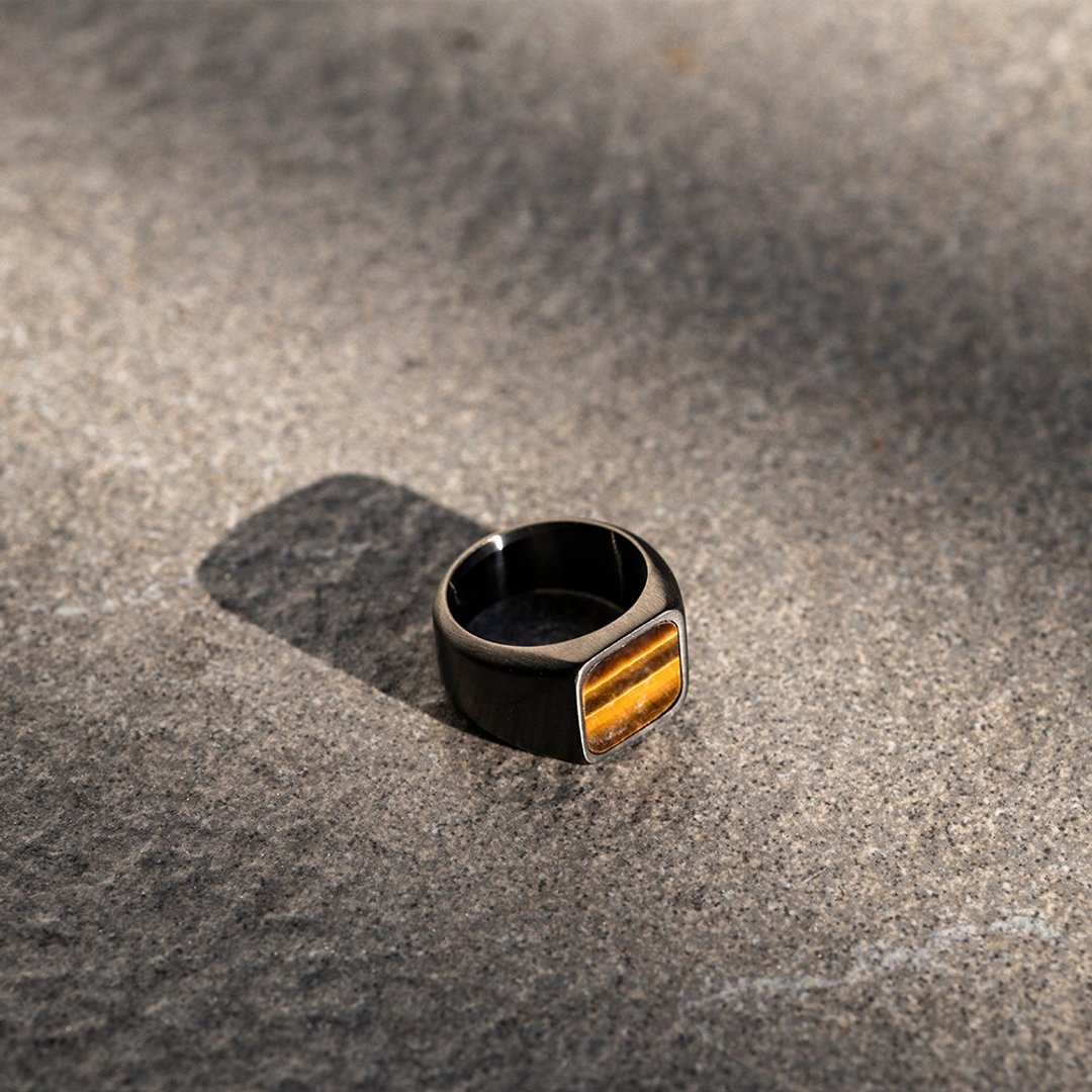 【NOUVELLE】方面虎眼石戒指 - 黑色 水晶 招财 天然石 - 戒指 - 水晶 
