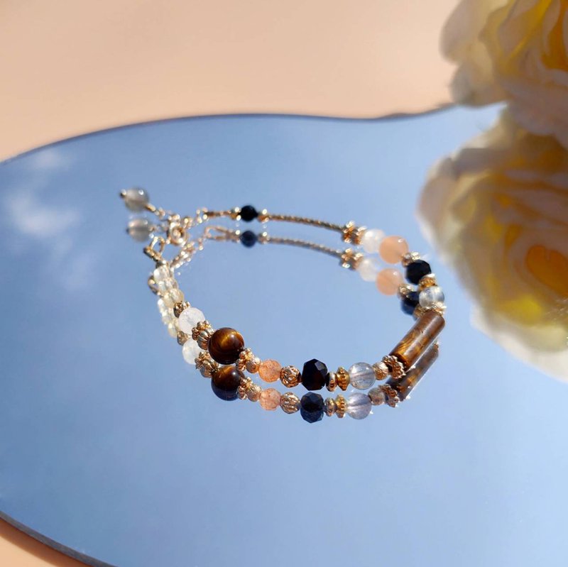 糖玉琥珀。虎眼石 太阳石 黄水晶 14K包金 水晶矿石设计手链 - 手链/手环 - 水晶 咖啡色