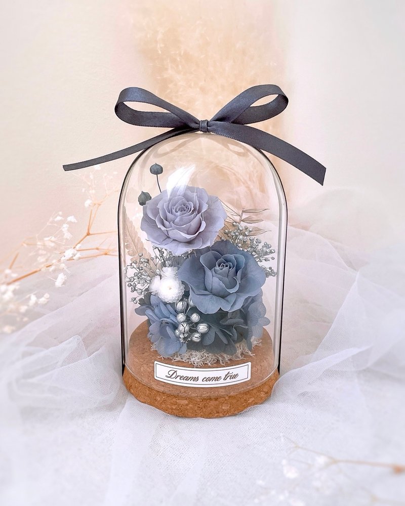 永生花玻璃盅-沈谧灰蓝 l 不凋花玻璃盅 日本玫瑰 情人节礼物 - 干燥花/捧花 - 植物．花 蓝色