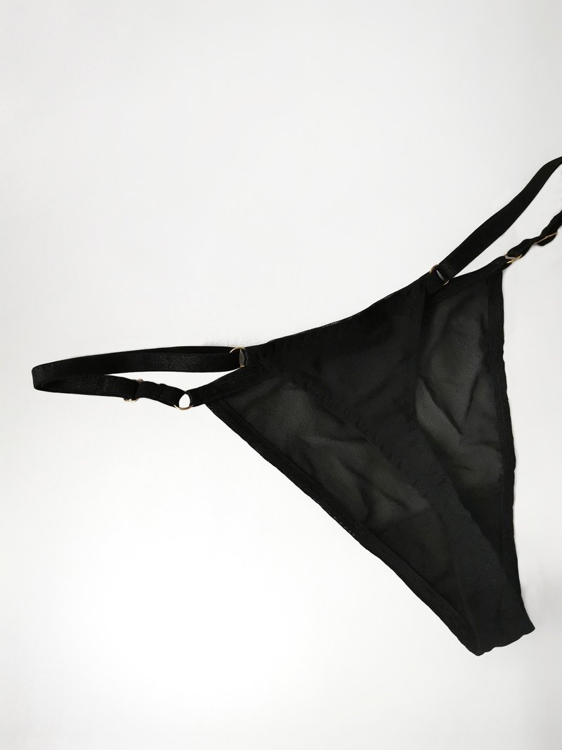 Adjustable straps thong - Soft mesh panties - Sexy lingerie - Women underwear - 女士内衣裤 - 聚酯纤维 黑色