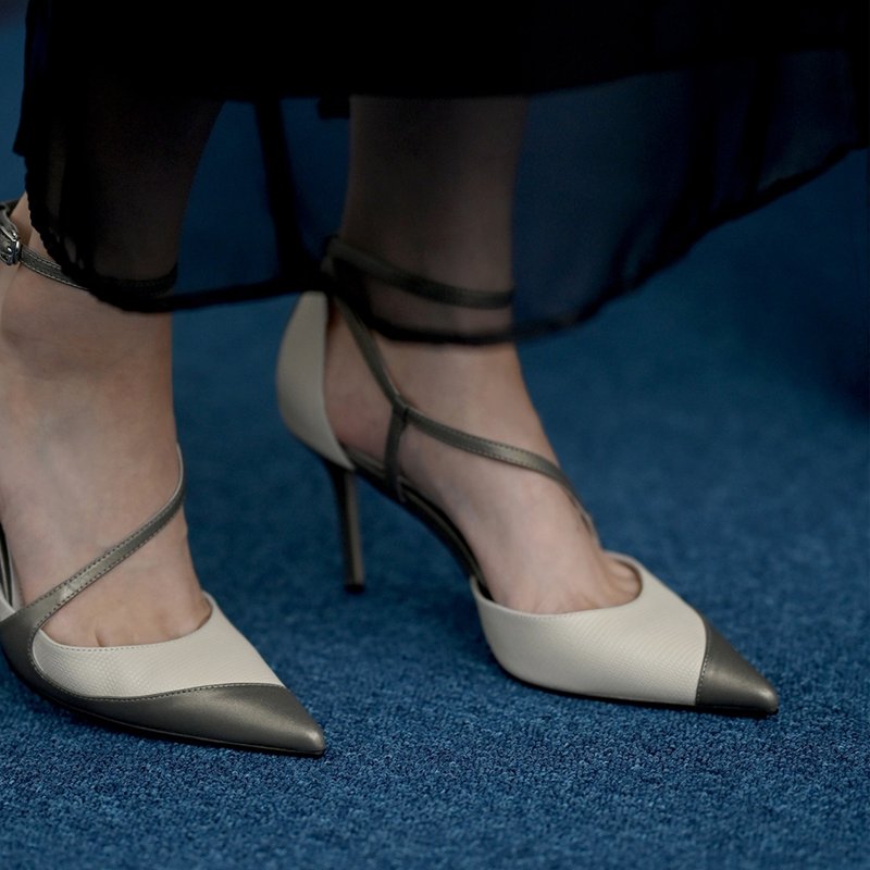 波状拼接-细带尖头细高跟-锡色 - 高跟鞋 - 真皮 灰色