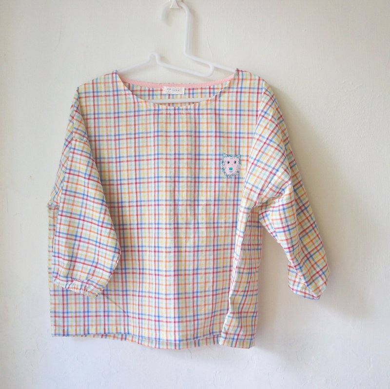 彩色织线可爱格子七分袖上衣（绿山款） - 女装上衣 - 棉．麻 多色