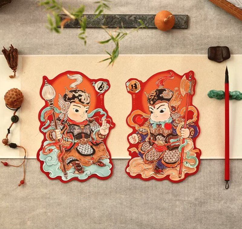 中国风 2025年蛇年可爱门神贴纸 - 贴纸 - 纸 红色