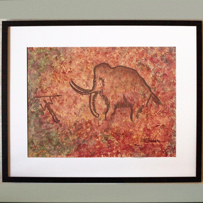 猛犸象狩猎画内部史前艺术水彩画结束粉彩画 - 海报/装饰画/版画 - 纸 红色