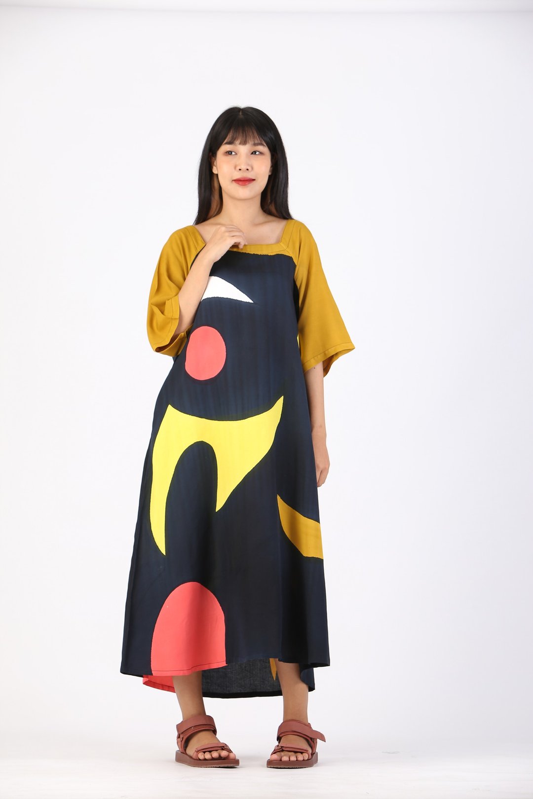 Long Dress Cotton Rayon Hand Paint Free Size - 洋装/连衣裙 - 棉 黄色