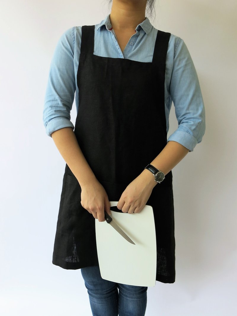 100% Linen Criss Cross Apron, Japanese Apron, No Tie Apron in BLACK-ONE size fit ALL - 围裙 - 棉．麻 黑色
