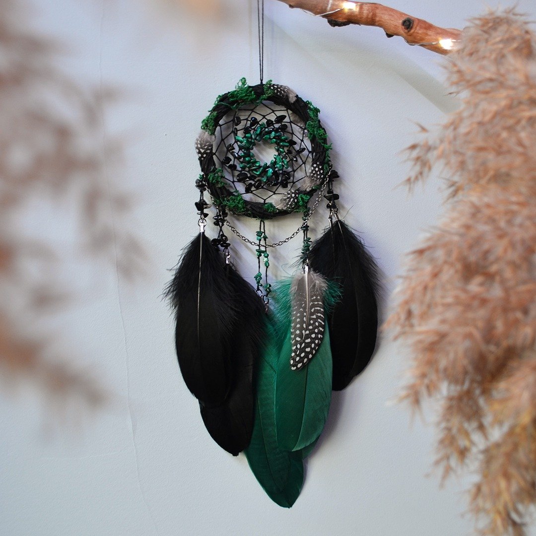 Black green natural willow moss dream catcher Malachite earthy dream catcher - 墙贴/壁贴 - 绣线 绿色