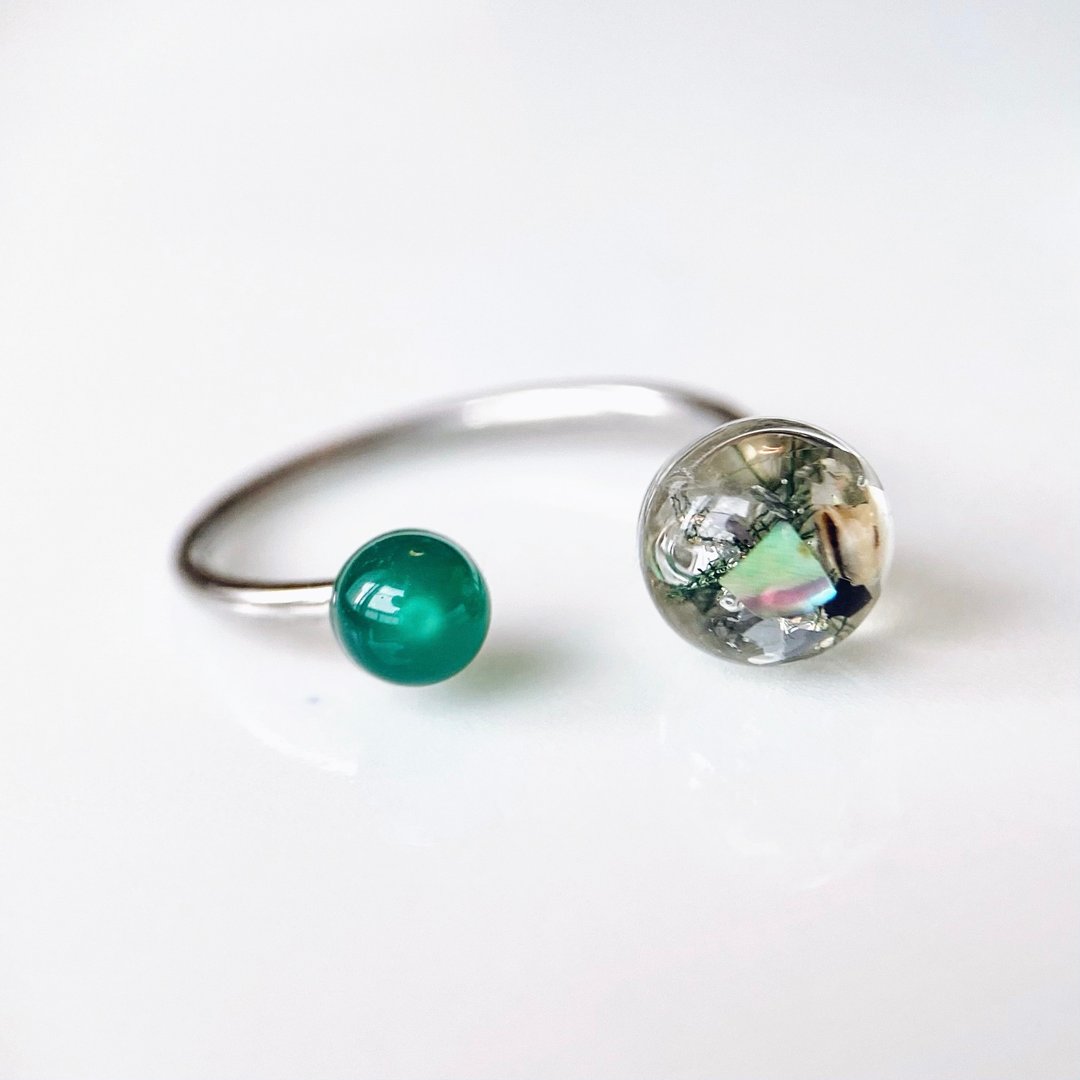 Water Stone x Green Onyx Ring Handmade Ring - 戒指 - 其他金属 绿色