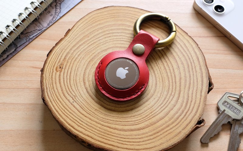 AirTag 保护套 酒红色 意大利牛皮手工制作 免费刻字 - 钥匙链/钥匙包 - 真皮 红色