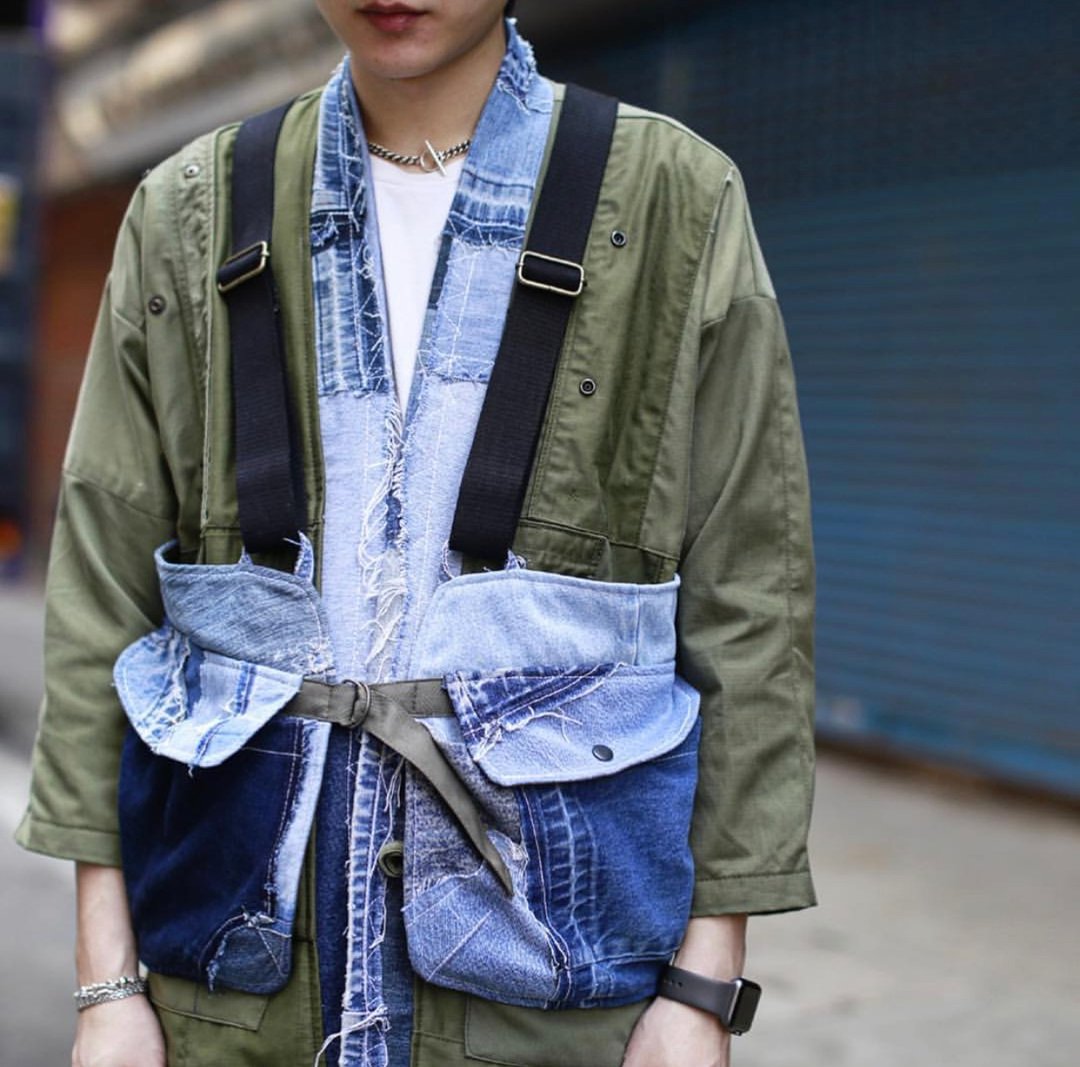牛仔拼布hunting vest - 男装背心 - 棉 蓝色