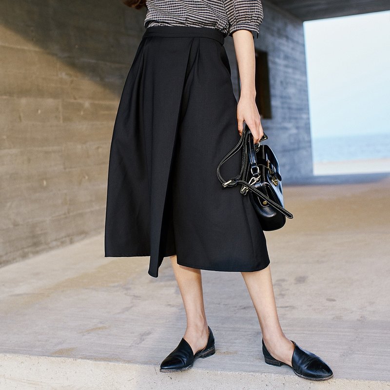 安妮陈2017夏装新款女士不对称腰部松紧阔腿裤 - 女装长裤 - 聚酯纤维 黑色