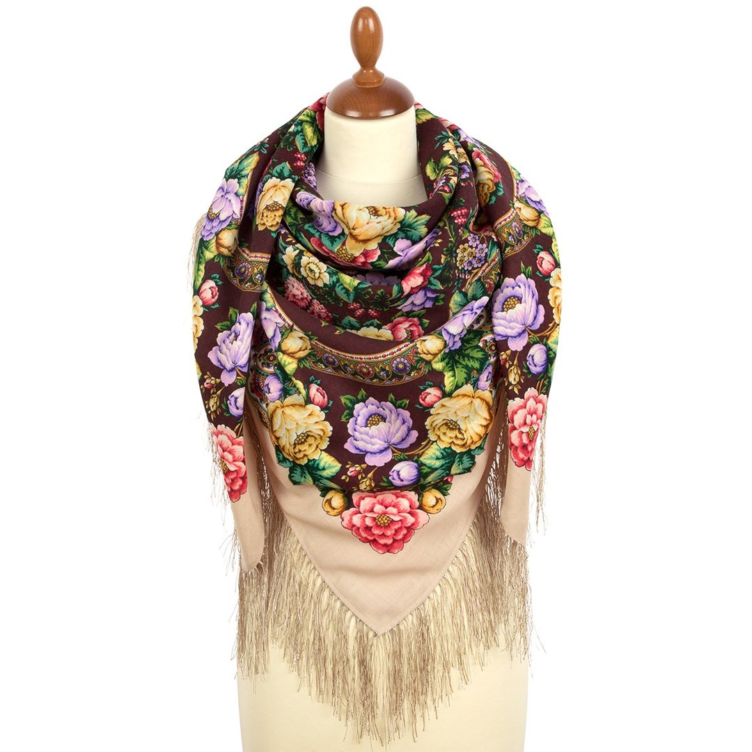 Pavlovo Posad Russian Shawl 100% Wool Scarf Wrap Silk Fringe 125x125 cm 2000-2 - 丝巾 - 羊毛 多色