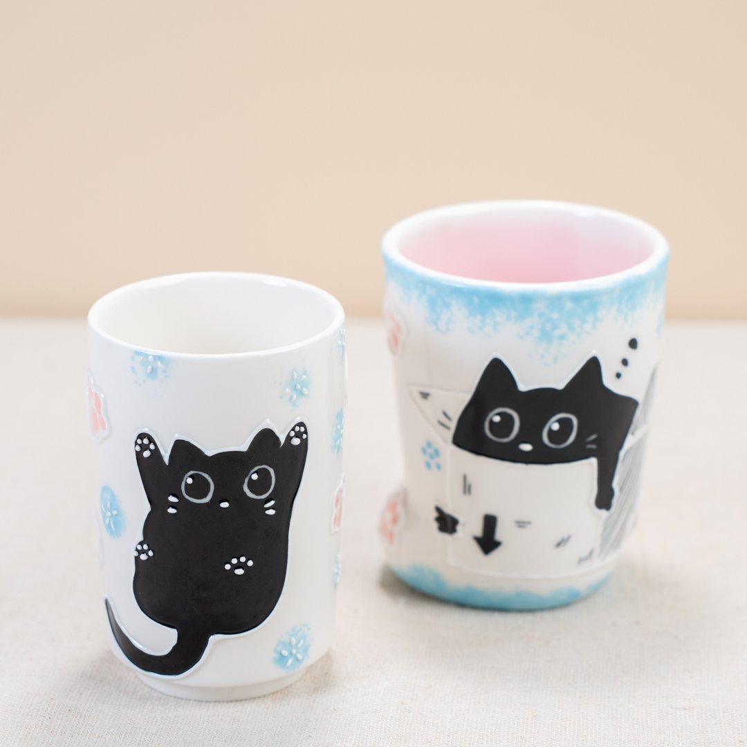 卡哇伊黑色小猫浓缩咖啡杯陶瓷动物咖啡杯可爱小猫咪 - 咖啡杯/马克杯 - 陶 白色