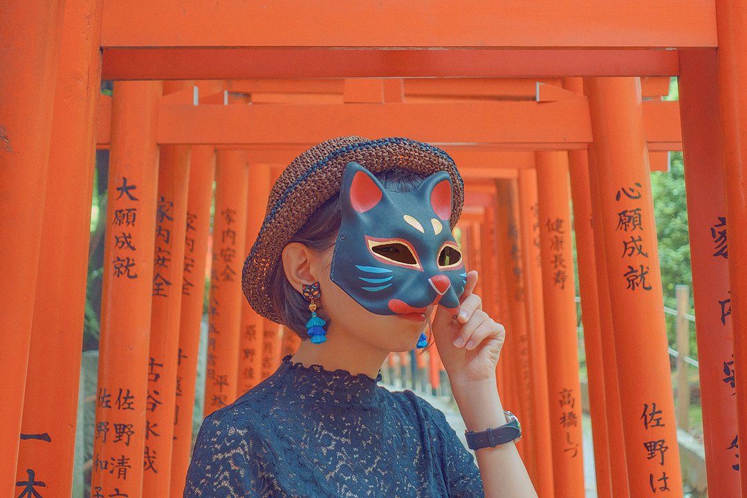 【日本神社风耳环系列】猫面の神秘 /猫面具 /亮黑款 - 耳环/耳夹 - 树脂 黑色