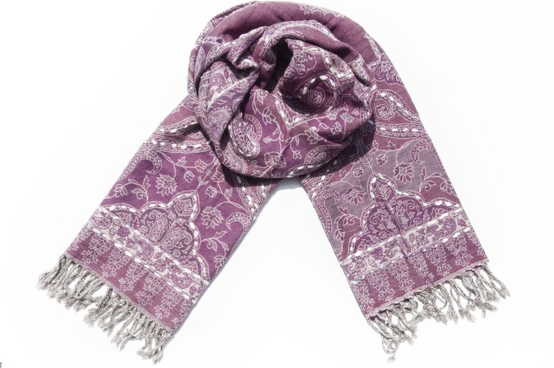 喀什米尔Cashmere/水煮羊毛披肩/针织围巾/刺绣围巾/羊绒披巾-花 - 围巾/披肩 - 羊毛 紫色