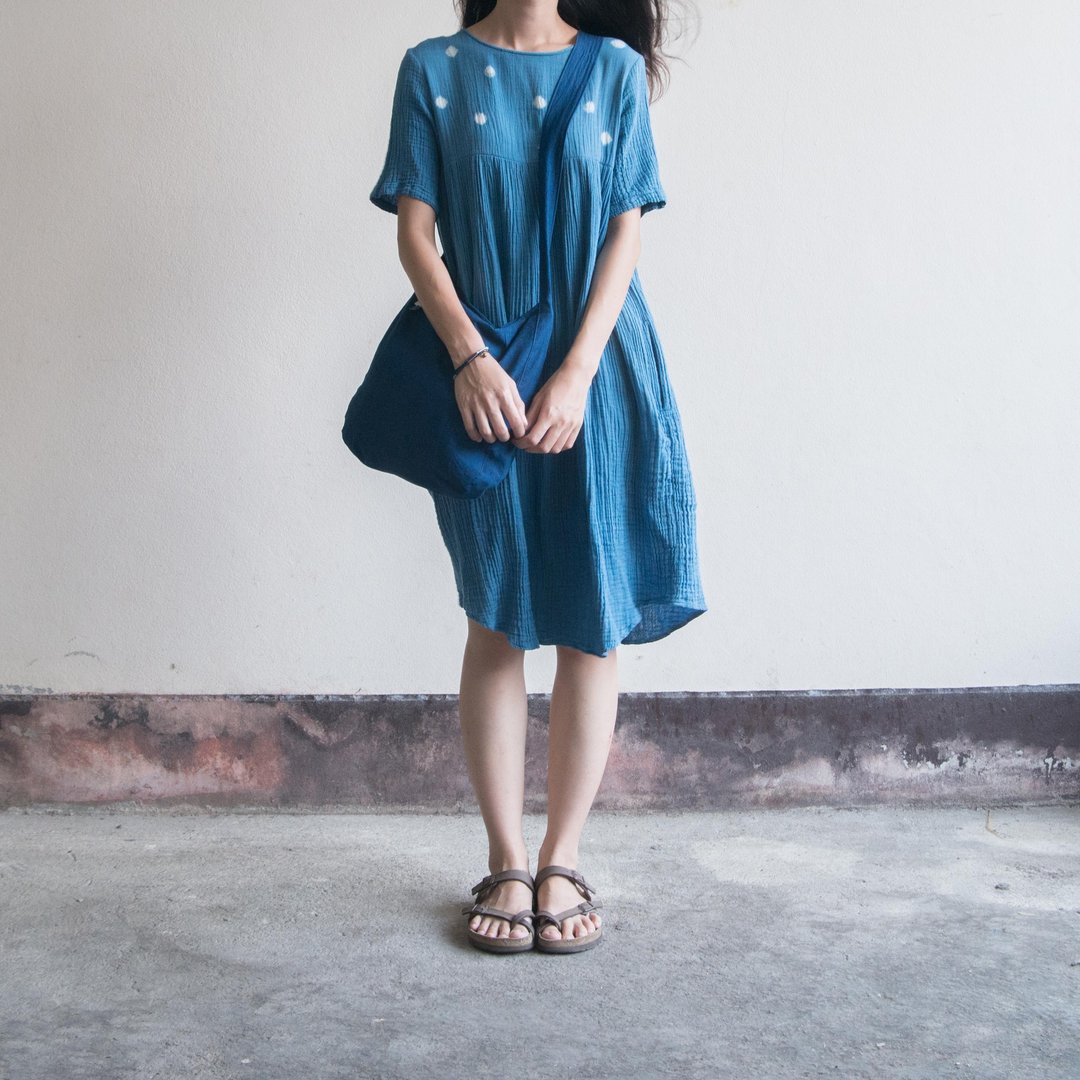 polka dot dress | indigo dyed soft cotton | 04 - 洋装/连衣裙 - 棉 蓝色