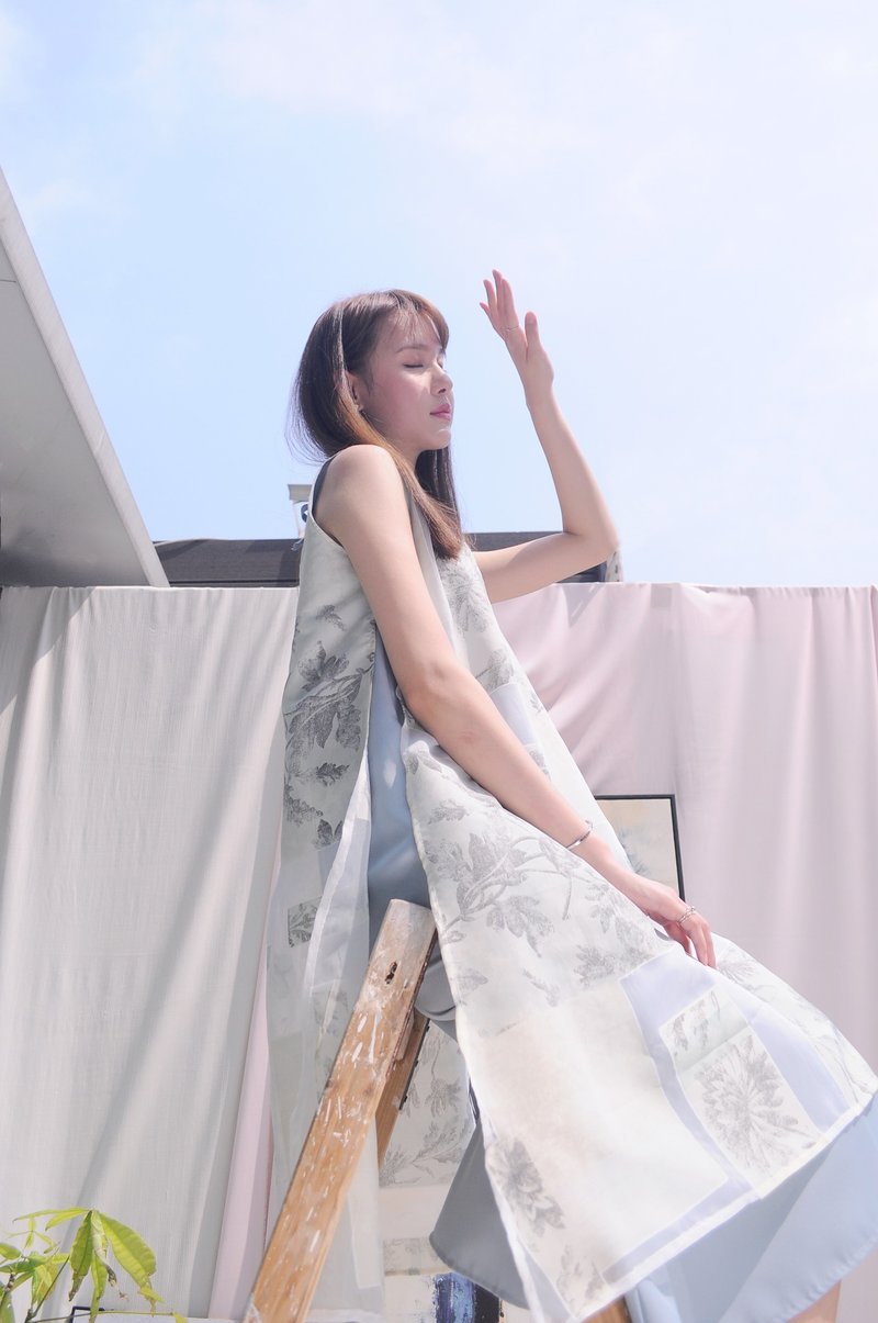 Natasha Dress淡绿色印花纱织双层连身裙 - 洋装/连衣裙 - 棉．麻 绿色