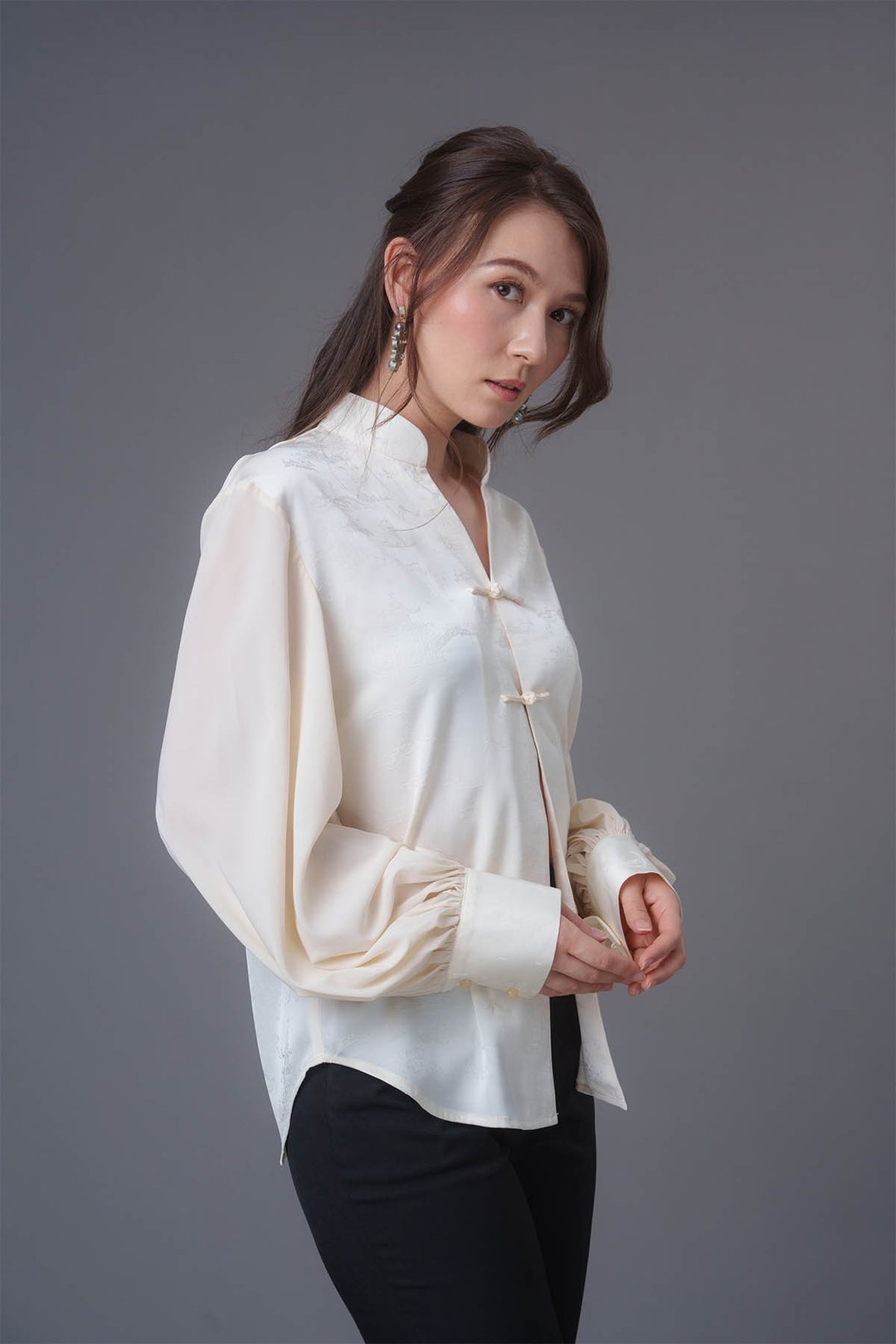 中式提花衬衫 - 女装衬衫 - 丝．绢 白色
